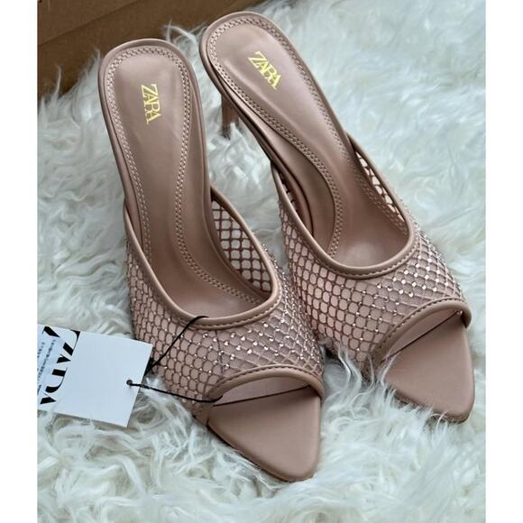 ZARA Embellished Mesh Slide Heels Nude Tan Size 8 NWT - Picture 3 of 16